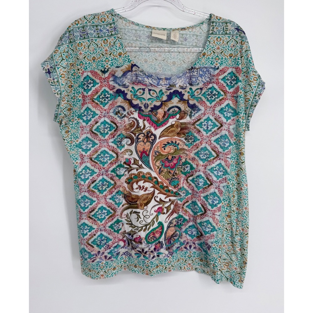 Chicos Womens Sz 2/XL Multi Color Paisley Geometric Knit Top Scoop Neck